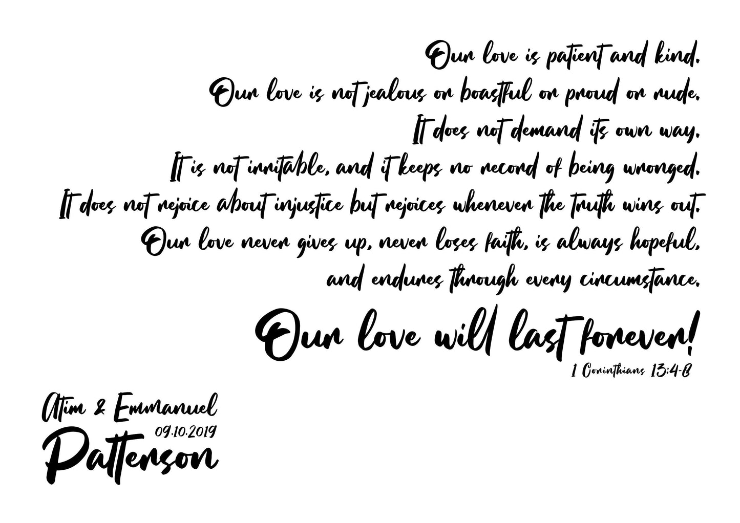 Our Love Is ... 1 Corinthians 13:4-8 Wedding Print