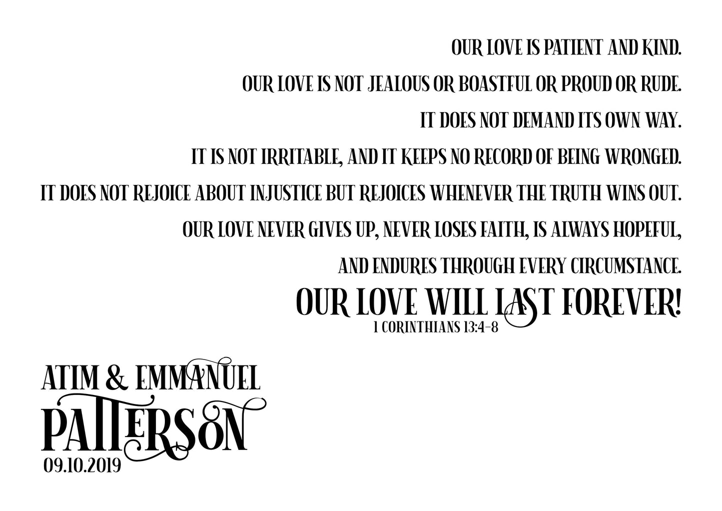 Our Love Is ... 1 Corinthians 13:4-8 Wedding Print
